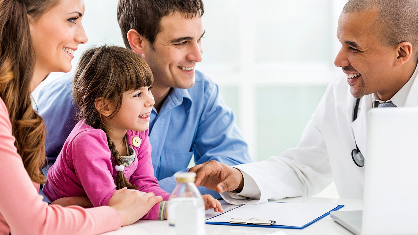 family medicine Happy father and mother with doctor meeting a doctor for consultation